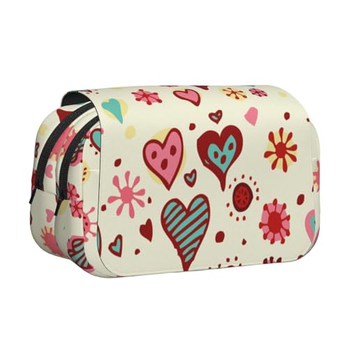 WSHFFILO Federmäppchen mit buntem Herzmuster, bedruckt, doppeltes Klappetui, Federmäppchen, tragbare Schreibwarentasche, Schwarz , Einheitsgröße, Münztasche von WSHFFILO