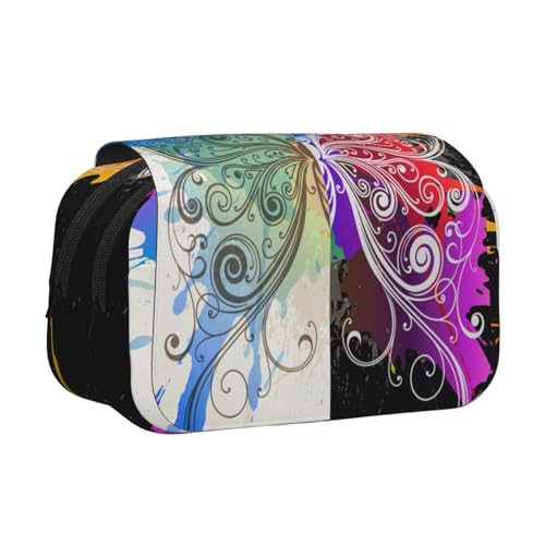 WSHFFILO Federmäppchen mit buntem Schmetterlingsmuster, bedruckt, doppeltes Klappetui, Federmäppchen, tragbare Schreibwarentasche, Schwarz , Einheitsgröße, Münztasche von WSHFFILO