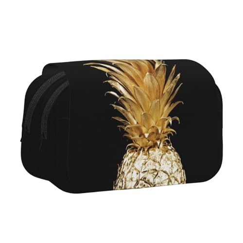 WSHFFILO Federmäppchen mit goldenem Ananas-Druck, doppeltes Klappetui, Federmäppchen, tragbare Schreibwarentasche, Schwarz , Einheitsgröße, Münztasche von WSHFFILO
