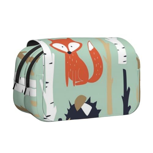 WSHFFILO Federmäppchen mit niedlichem Fuchs, Bär, Hase und Baum, bedruckt, doppeltes Klappetui, Federmäppchen, tragbare Schreibwaren-Tasche, Schwarz , Einheitsgröße, Münztasche von WSHFFILO