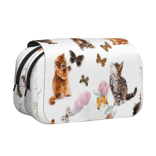 WSHFFILO Federmäppchen mit niedlichem Kätzchen-Schmetterlings-Motiv, doppeltes Klappetui, Federmäppchen, tragbare Schreibwaren-Tasche, Schwarz , Einheitsgröße, Münztasche von WSHFFILO