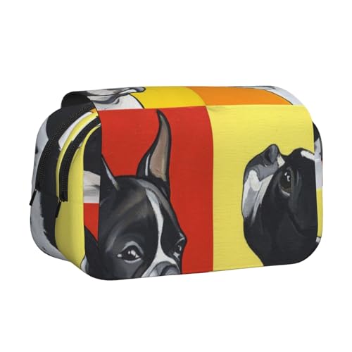 WSHFFILO Federmäppchen mit niedlichem Mops-Aufdruck, doppeltes Klappetui, Federmäppchen, tragbare Schreibwarentasche, Schwarz , Einheitsgröße, Münztasche von WSHFFILO