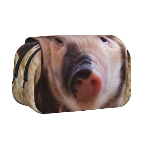 WSHFFILO Federmäppchen mit niedlichem Schweinchen-Motiv, doppeltes Klappetui, Federmäppchen, tragbare Schreibwaren-Tasche, Schwarz , Einheitsgröße, Münztasche von WSHFFILO