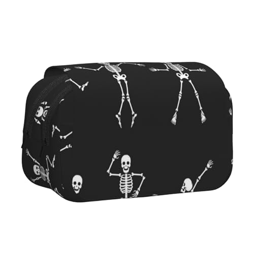 WSHFFILO Federmäppchen mit niedlichem Skelett-Motiv, bedruckt, doppeltes Klappetui, Federmäppchen, tragbare Schreibwaren-Tasche, Schwarz , Einheitsgröße, Münztasche von WSHFFILO