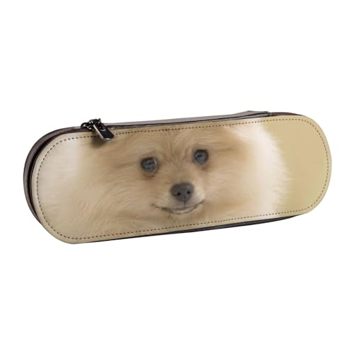 WSHFFILO Federmäppchen mit niedlichem Zwergspitz, bedrucktes Leder-Federmäppchen, tragbare Schreibwaren-Tasche von WSHFFILO