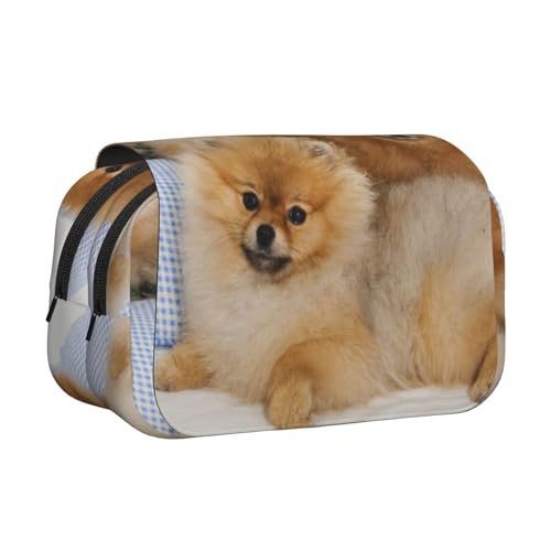 WSHFFILO Federmäppchen mit niedlichem Zwergspitz-Design, doppeltes Klappetui, Federmäppchen, tragbare Schreibwaren-Tasche, Schwarz , Einheitsgröße, Münztasche von WSHFFILO