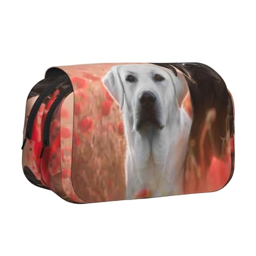 WSHFFILO Federmäppchen mit weißem Labrador-Aufdruck, doppeltes Klappetui, Federmäppchen, tragbare Schreibwaren-Tasche, Schwarz , Einheitsgröße, Münztasche von WSHFFILO