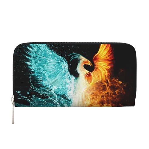 WSHFFILO Fire and Water Phoenix Printed Leather Hand Wallet Long Clutch Leather Wallet, Schwarz , Einheitsgröße von WSHFFILO