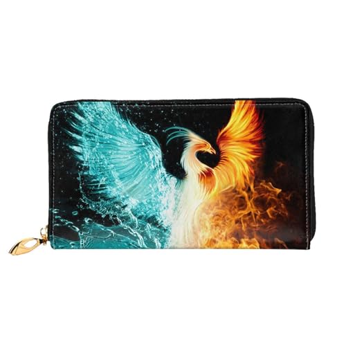 WSHFFILO Fire and Water Phoenix bedruckte Ledergeldbörse lange Clutch tragbare Reisebrieftasche, Schwarz , Einheitsgröße von WSHFFILO