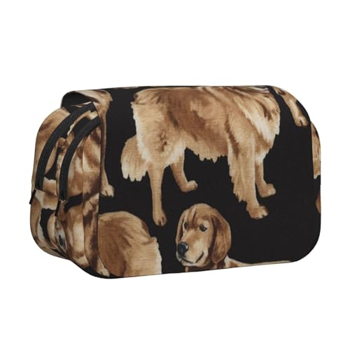 WSHFFILO Golden Retrievers bedrucktes Doppel-Klappetui Federmäppchen, tragbare Schreibwaren-Tasche, Schwarz , Einheitsgröße, Münztasche von WSHFFILO