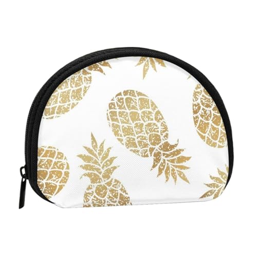 WSHFFILO Goldene Ananas-Hintergrund, bedruckte Muschel-Aufbewahrungstasche, Mini-Münz-Organizer, Schwarz , Einheitsgröße von WSHFFILO