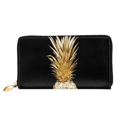 WSHFFILO Goldfarbene Geldbörse aus Leder mit Ananas-Motiv, lange Clutch, tragbare Reisebrieftasche, Schwarz , Einheitsgröße von WSHFFILO
