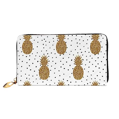 WSHFFILO Goldfarbene glitzernde Ananas-Frucht-bedruckte Ledergeldbörse lange Clutch tragbare Reisebrieftasche, Schwarz , Einheitsgröße von WSHFFILO