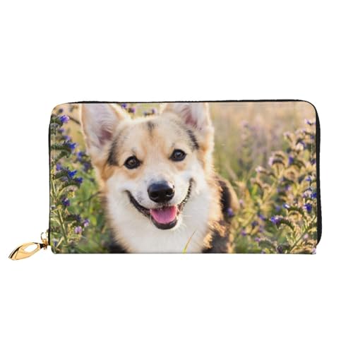 WSHFFILO Happy Corgi Dog bedruckte Ledergeldbörse lange Clutch tragbare Reisebrieftasche, Schwarz , Einheitsgröße von WSHFFILO