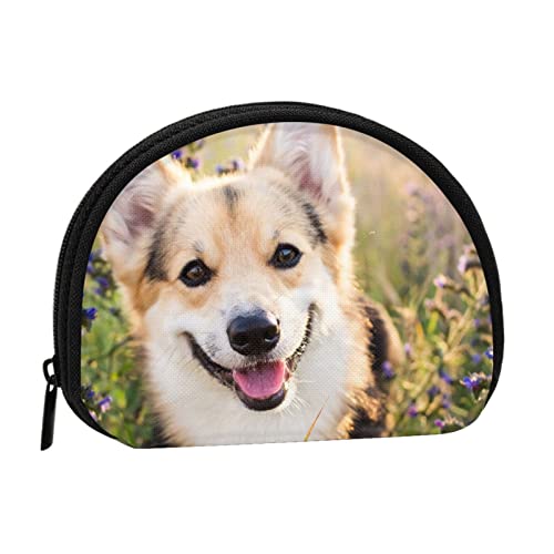 WSHFFILO Happy Corgi Dog bedruckte Muschel-Aufbewahrungstasche, Mini-Münz-Organizer, Schwarz , Einheitsgröße von WSHFFILO