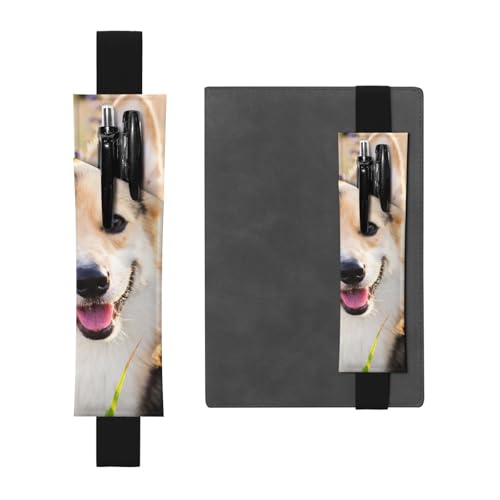 WSHFFILO Happy Corgi Dog bedrucktes Leder-Federmäppchen mit Lesezeichen, Schwarz , Einheitsgröße, Münztasche von WSHFFILO