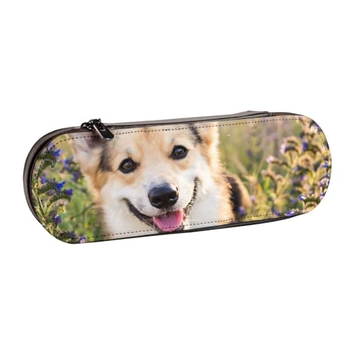 WSHFFILO Happy Corgi Federmäppchen aus Leder, bedruckt, tragbar, für Schreibwaren von WSHFFILO