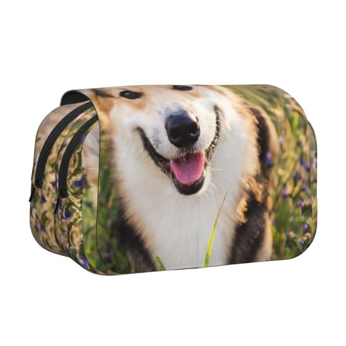 WSHFFILO Happy Corgi Federmäppchen mit Hundemotiv, doppeltes Klappetui, Federmäppchen, tragbare Schreibwaren-Tasche, Schwarz , Einheitsgröße, Münztasche von WSHFFILO