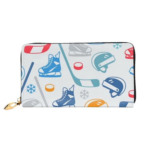 WSHFFILO Hockey Elements Kreative gemusterte bedruckte Ledergeldbörse lange Clutch tragbare Reisebrieftasche, Schwarz , Einheitsgröße von WSHFFILO