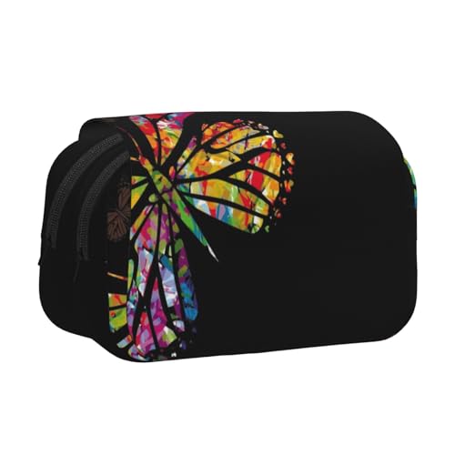 WSHFFILO Hübsches Federmäppchen mit Schmetterlingsdruck, doppeltes Klappetui, Federmäppchen, tragbare Schreibwarentasche, Schwarz , Einheitsgröße, Münztasche von WSHFFILO