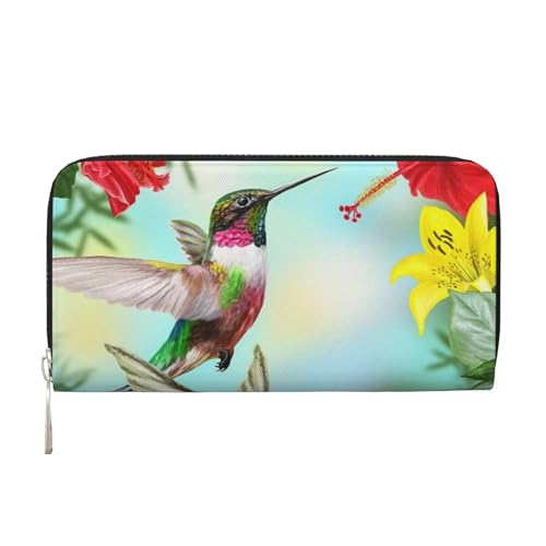 WSHFFILO Hummingbirds Red Flower Hibiscus Printed Leather Hand Wallet Long Clutch Leather Wallet, Schwarz , Einheitsgröße von WSHFFILO