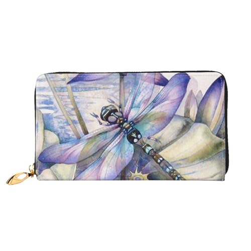 WSHFFILO Libelle auf Lotusblüte bedruckte Ledergeldbörse lange Clutch tragbare Reisebrieftasche, Schwarz , Einheitsgröße von WSHFFILO