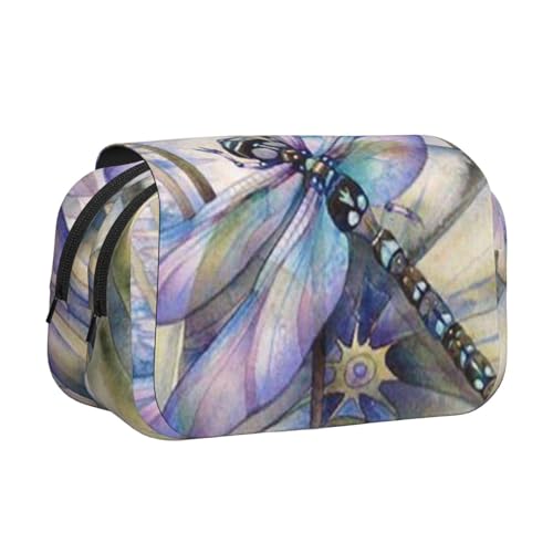 WSHFFILO Libelle auf Lotusblüte bedrucktes doppeltes Klapp-Federmäppchen, Federmäppchen, tragbare Schreibwaren-Tasche, Schwarz , Einheitsgröße, Münztasche von WSHFFILO