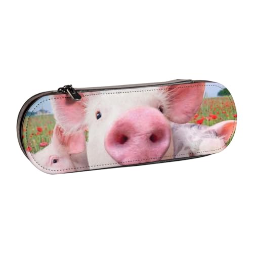WSHFFILO Lustiges Federmäppchen aus Leder mit niedlichem Schweinchen-Motiv, tragbare Schreibwaren-Tasche von WSHFFILO