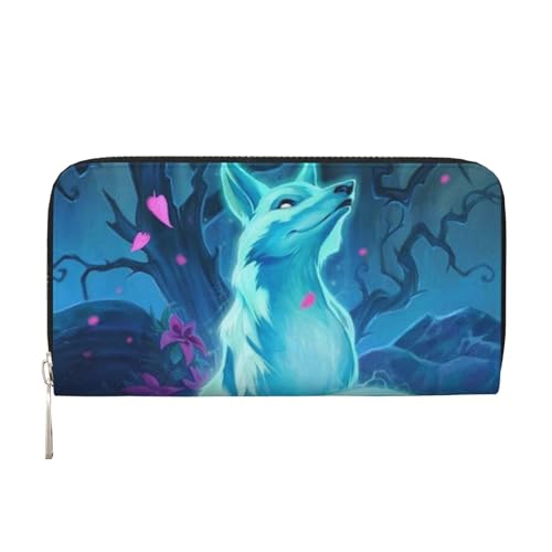 WSHFFILO Magic Blue Fox Printed Leather Hand Wallet Long Clutch Leather Wallet, Schwarz , Einheitsgröße von WSHFFILO