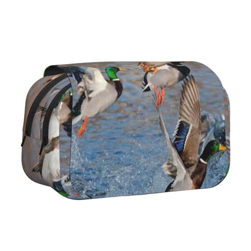 WSHFFILO Mallard Ducks Federmäppchen, bedruckt, doppeltes Klappetui, Federmäppchen, tragbare Schreibwaren-Tasche, Schwarz , Einheitsgröße, Münztasche von WSHFFILO