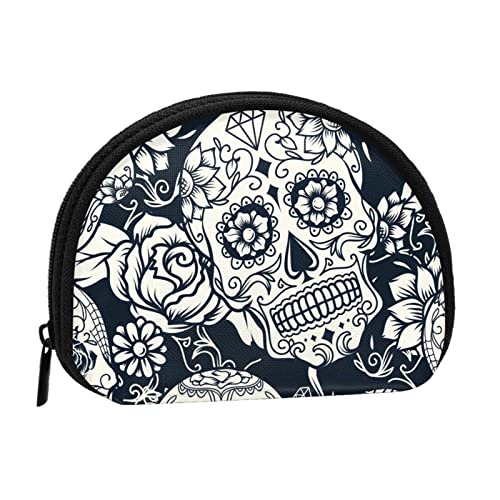 WSHFFILO Mini-Münz-Organizer mit Blumenmotiv und Totenkopf-Motiv, Schwarz , Einheitsgröße von WSHFFILO