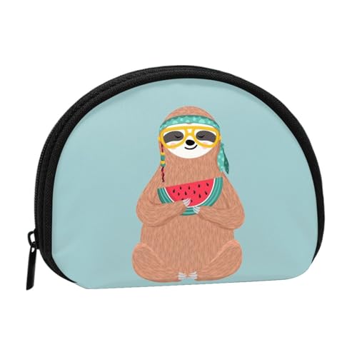 WSHFFILO Niedliche Slooth bedruckte Muschel-Aufbewahrungstasche, Mini-Münzen-Organizer, Schwarz , Einheitsgröße von WSHFFILO