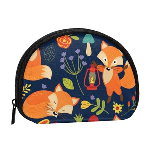 WSHFFILO Niedliche Tier-Fuchs-Blumen-bedruckte Muschel-Aufbewahrungstasche, Mini-Münz-Organizer, Schwarz , Einheitsgröße von WSHFFILO