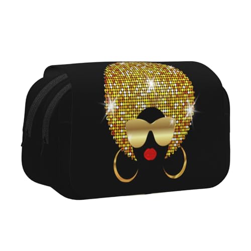 WSHFFILO Niedliche afrikanische Frau Polka Printed Double Clamshell Federmäppchen Federtasche Tragbare Schreibwarentasche, Schwarz , Einheitsgröße, Münztasche von WSHFFILO