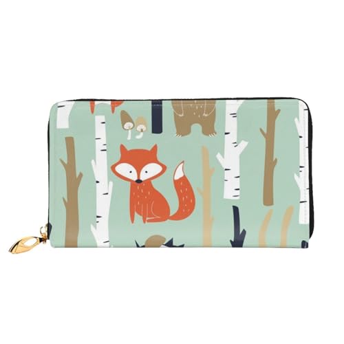 WSHFFILO Niedlicher Fuchsbär Vogel Hase Baum bedruckte Ledergeldbörse lange Clutch tragbare Reisebrieftasche, Schwarz , Einheitsgröße von WSHFFILO