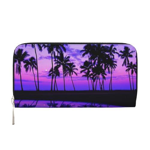 WSHFFILO Palm Tree Purple Sunset Printed Leather Hand Wallet Long Clutch Leather Wallet, Schwarz , Einheitsgröße von WSHFFILO