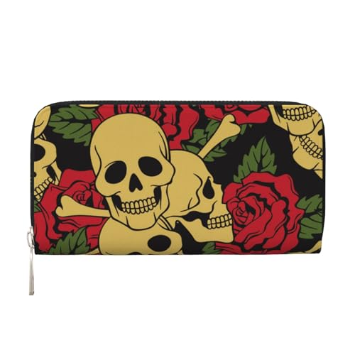 WSHFFILO Rose and Skull Printed Leather Hand Wallet Long Clutch Leather Wallet, Schwarz , Einheitsgröße von WSHFFILO