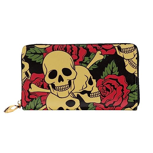 WSHFFILO Rose and Skull Printed Leather Wallet Long Clutch Portable Travel Wallet, Schwarz , Einheitsgröße von WSHFFILO