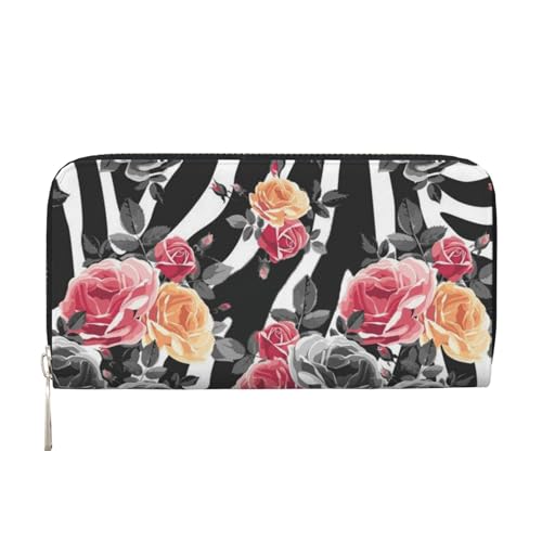 WSHFFILO Roses Flower Floral Zebra Stripes Printed Leather Hand Wallet Long Clutch Leather Wallet, Schwarz , Einheitsgröße von WSHFFILO