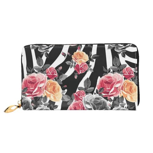 WSHFFILO Roses Flower Floral Zebra Stripes Printed Leather Wallet Long Clutch Portable Travel Wallet, Schwarz , Einheitsgröße von WSHFFILO