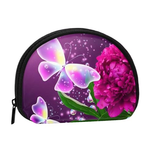 WSHFFILO Schöne lila Schmetterling Blumen bedruckte Muschel Aufbewahrungstasche Mini Münzorganizer, Schwarz , Einheitsgröße von WSHFFILO
