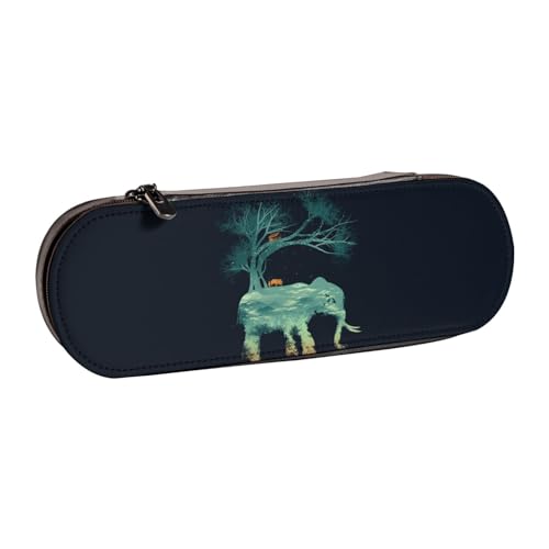 WSHFFILO Schönes Federmäppchen aus Leder mit Elefanten-Motiv, tragbare Schreibwaren-Tasche von WSHFFILO