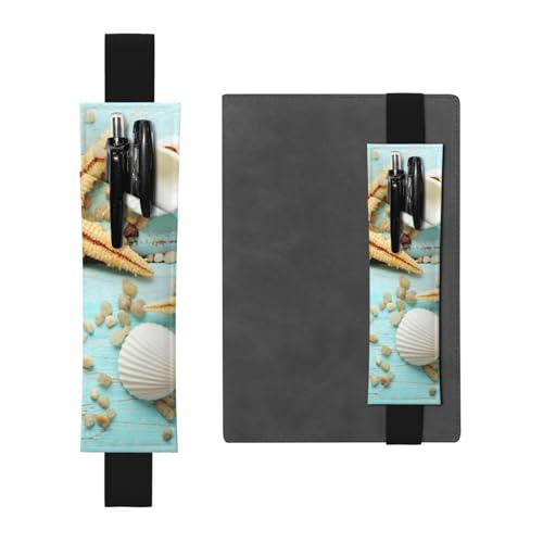WSHFFILO Seestern-Muschel blaues Holz auf Strandlandschaft bedrucktes Leder Stifthalter Lesezeichen Federmäppchen, Schwarz , Einheitsgröße, Münztasche von WSHFFILO