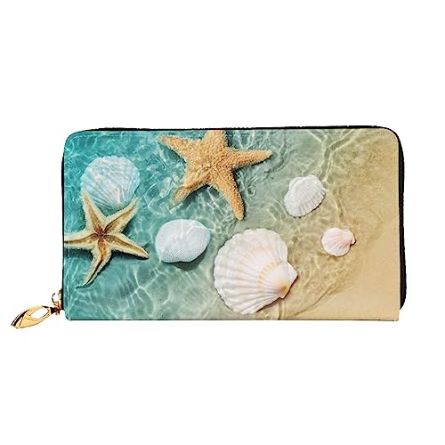 WSHFFILO Seestern und Muschelmuster bedruckte Ledergeldbörse lange Clutch tragbare Reisebrieftasche, Schwarz , Einheitsgröße von WSHFFILO