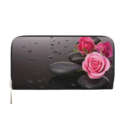 WSHFFILO Spa Stone and Rose Flowers Printed Leather Hand Wallet Long Clutch Leather Wallet, Schwarz , Einheitsgröße von WSHFFILO