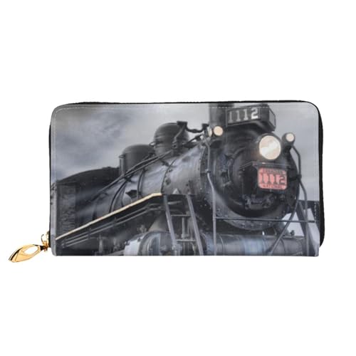WSHFFILO Steam Train Clouds bedruckte Ledergeldbörse lange Clutch tragbare Reisebrieftasche, Schwarz , Einheitsgröße von WSHFFILO