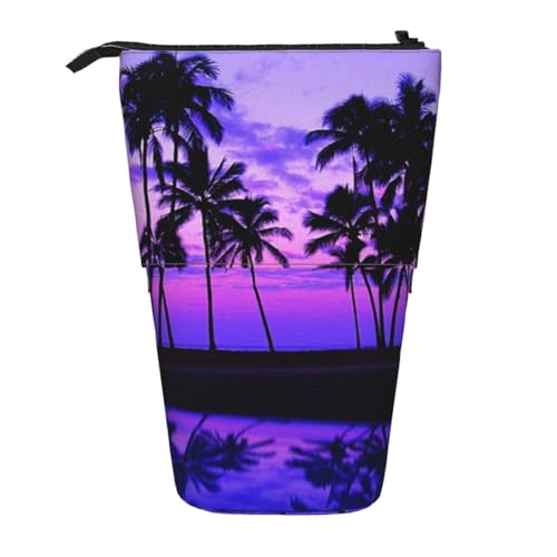 WSHFFILO Stifteetui mit Palmenmotiv, Motiv: Sonnenuntergang, ausziehbar, Teleskop, Violett von WSHFFILO