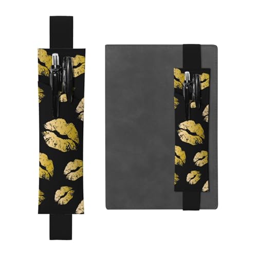 WSHFFILO Stifteetui mit goldfarbenen Lippen, bedrucktes Leder, Lesezeichen, Federmäppchen, Schwarz , Einheitsgröße, Münztasche von WSHFFILO