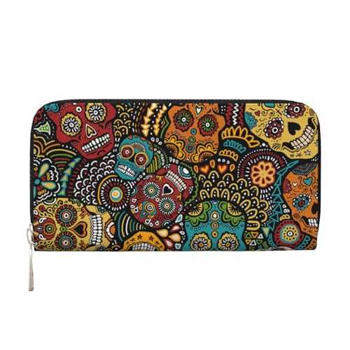 WSHFFILO Sugar Skulls Print Printed Leather Hand Wallet Long Clutch Leather Wallet, Schwarz , Einheitsgröße von WSHFFILO