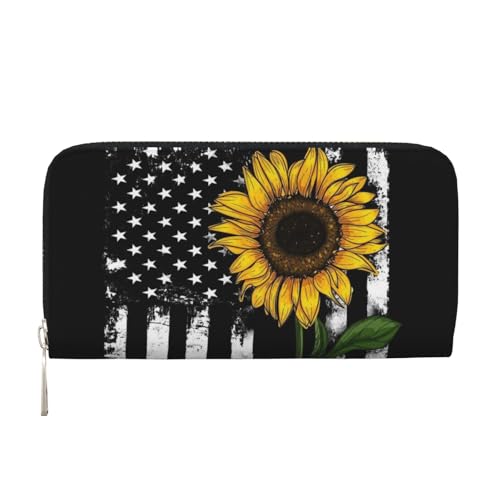 WSHFFILO Sunflower and American Flag Printed Leather Hand Wallet Long Clutch Leather Wallet, Schwarz , Einheitsgröße von WSHFFILO